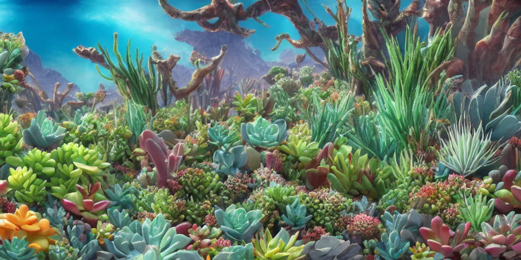 Prompt: a desert with a lot of succulents and exotic flowers, underwater, super detailed acrylic painting, movie poster 7 0's, octane render