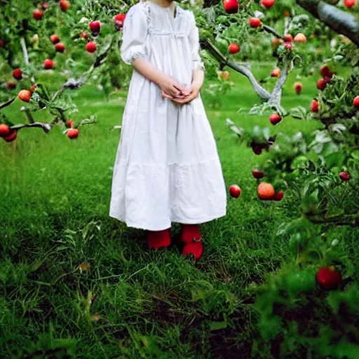 Prompt: a girl in a white cotton dress. an apple tree. red apples. folk. thomas hardy tess of the d'urbervilles. rutowski. gothic