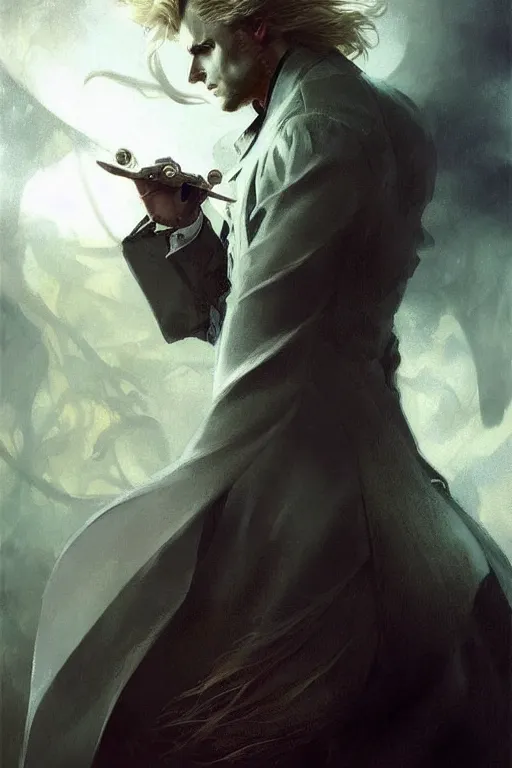 Image similar to johan liebert mixed with alucard picture by Greg Rutkowski, long fluffy blond curly hair, baroque curls, dynamic pose, matte painting, intricate, z brush, fantasy concept art, elegant, fat body type, by Stanley Artgerm Lau, WLOP, golden ratio, thomas kindkade, alphonse mucha, loish, Peter chung, norman Rockwell,