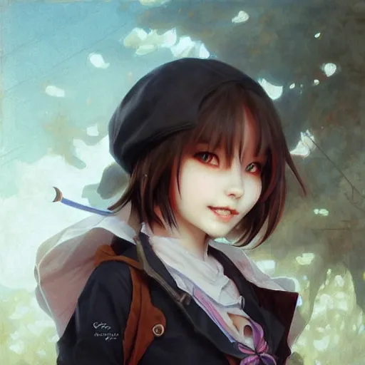 Prompt: demonic cute fourteen year old japanese girl, tomboy, evil smile, freckles!!!, fully clothed, highly detailed, digital painting, artstation, concept art, sharp focus, illustration, cinematic lighting, art by artgerm and greg rutkowski and alphonse mucha by konstantin razumov, by william - adolphe bouguerea