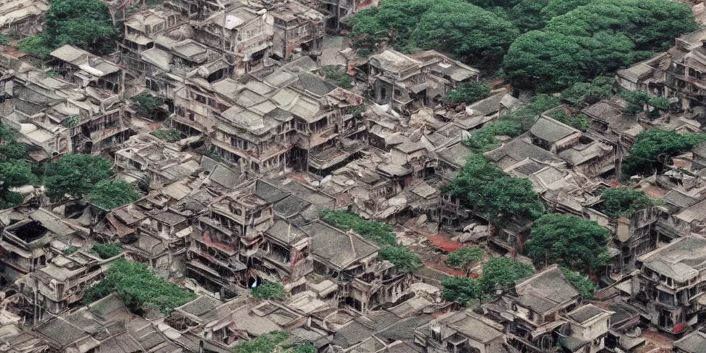 Image similar to studio ghibli film still of a forest city, kowloon walled city, ruined buildings, animals