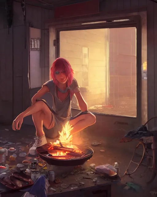 Prompt: portrait of homeless Taylor Swift wearing tattered rags barbecuing shoes on a portable stove, in GTA V, Stephen Bliss, unreal engine, by Greg Rutkowski, Loish, Rhads, Makoto Shinkai and Lois van baarle, ilya kuvshinov, rossdraws, global illumination, radiant light, detailed and intricate environment