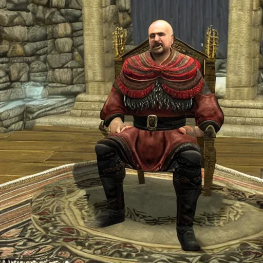 Prompt: Alexander Lukashenko as a Jarl of Belarus Hold in The Elder Scrolls V: Skyrim sitting on his throne in a slumped pose