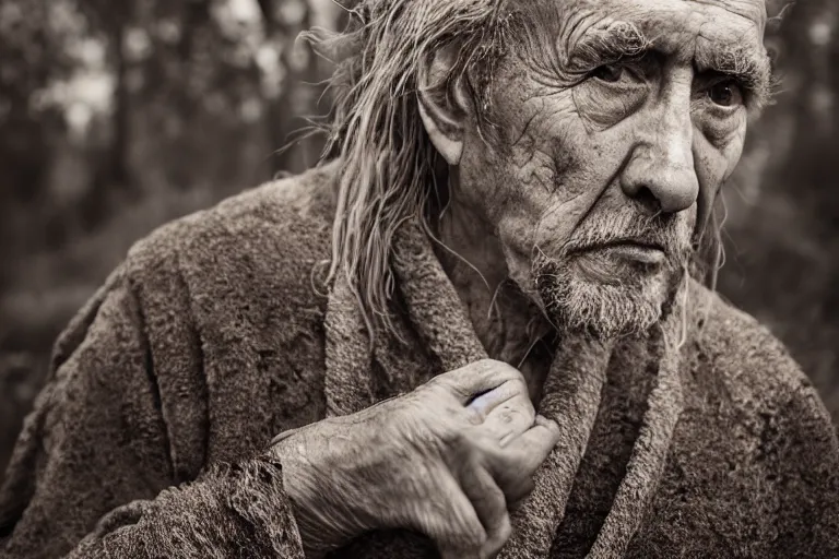 Prompt: character and environment photography, portrait shamanistic infested 9 0 - year - old male druid, messy hair, old tattered robe, medium shot, wide angle, 2 0 0 px, full front, natural light