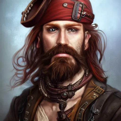Image similar to portrait of a rugged steampunk pirate, 3 0 years old, male, handsome, masculine, red hair, long hair, long beard, soft hair, fantasy, intricate, elegant, highly detailed, steampunk, airship, digital painting, artstation, concept art, character art, smooth, sharp focus, illustration, art by artgerm and greg rutkowski and alphonse mucha