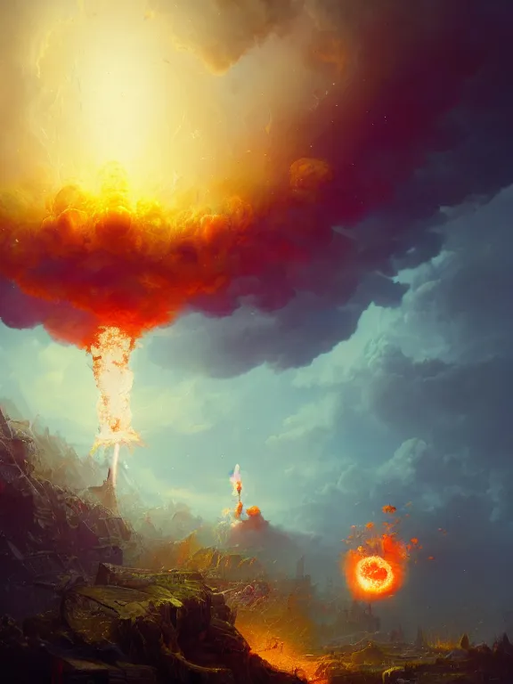 Prompt: photo of 8k ultra realistic nuclear explosion, mushroom cloud, full of colour, cinematic lighting, battered, trending on artstation, 4k, hyperrealistic, focused, extreme details,unreal engine 5, cinematic, masterpiece, art by Peter Mohrbacher