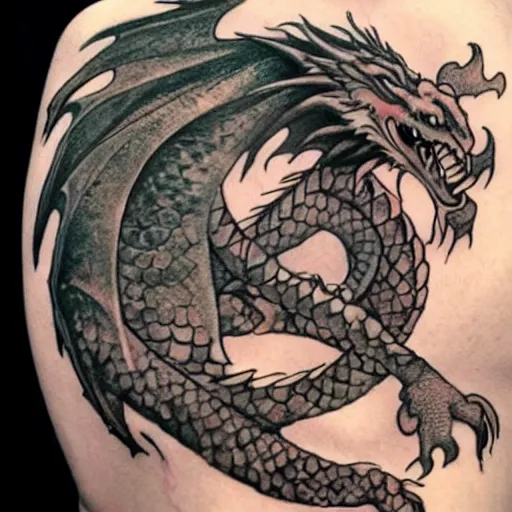 Prompt: dragon with tattoo of a girl, hyperrealistic