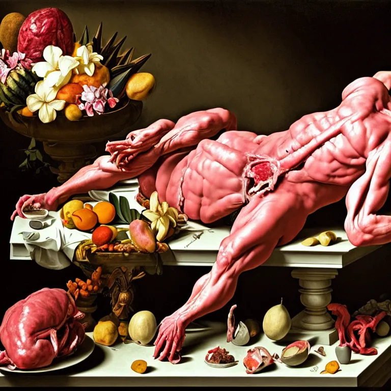 Image similar to still life of beautiful perfect muscled white man white body, surrounded by pastel tropical flowers, tropical fruit, human spine, rotten meat flesh with colorful mold, muscle tissue, spikes, baroque painting, beautiful detailed intricate insanely detailed octane render, 8K artistic photography, photorealistic, chiaroscuro, Raphael, Caravaggio