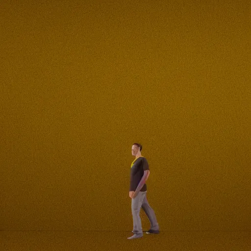 Image similar to 3 d render of jerma 9 8 5, jerma in a liminal space, non - euclidean space, endless halls of an office space, worn mono - yellow 7 0 s wallpaper, old moist carpet, inconsistently - placed fluorescent lighting, high octane, blender, 3 d render