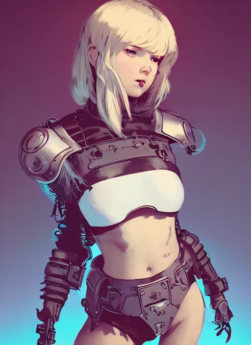 Prompt: portrait of cute shieldmaiden girl in cyber bikini armor, face by ilya kuvshinov, warhammer, cyberpunk, viking, by atey ghailan, by greg rutkowski, by greg tocchini, by james gilleard, by joe fenton, by kaethe butcher, dynamic lighting, gradient light blue, brown, blonde cream and white color in scheme, grunge aesthetic