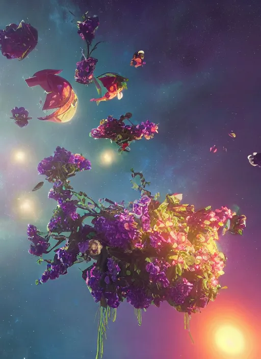 Image similar to An epic fantastic realism comic book style painting of the most beautiful flowers launched into space, bouquets, fisheye lens, unreal 5, DAZ, hyperrealistic, stars in the night sky, octane render, dynamic lighting