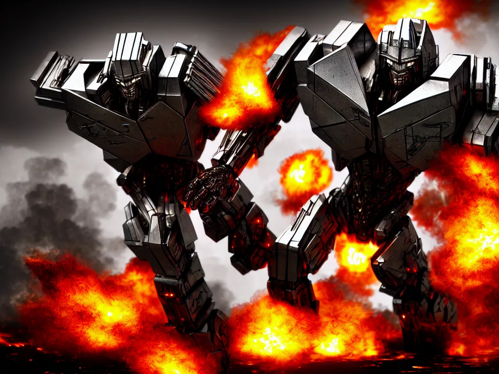Prompt: megatron in battle, smoke, fire, explosions, chrome, shiny, reflective, metallic, 3 d render, realistic, hdr, stan winston studios, dramatic lighting, flame colors bright,
