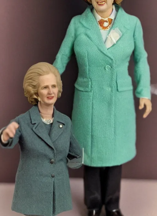 Prompt: Photo of a 1979 action figure of Margaret Thatcher, mint condition, still with packaging