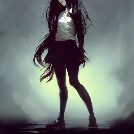 Prompt: full body portrait of a korean schoolgirl with long hair and bangs, her arms are mutating into thin red tedrils, dramatic lighting, illustration by Greg rutkowski, yoji shinkawa, 4k, digital art, sci-fi horror concept art, trending on artstation