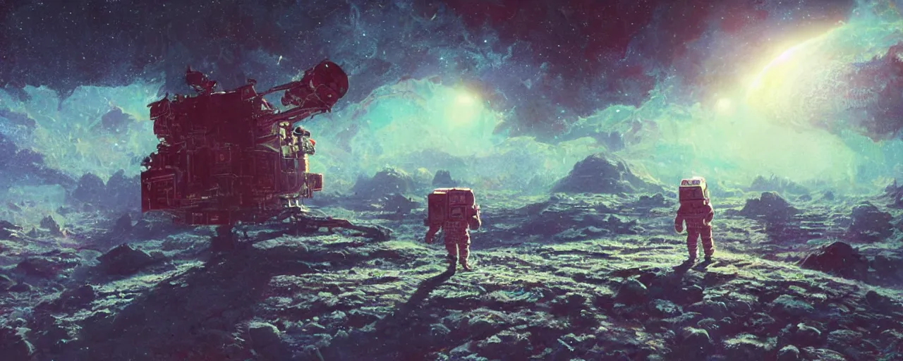 Image similar to ” on the surface of moon, [ cinematic, detailed, epic, widescreen, opening, establishing, mattepainting, photorealistic, realistic textures, octane render, art by paul lehr ] ”