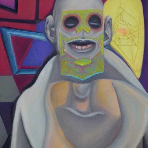 Image similar to portre of an autistic demon, masonic and kabalistic symbols in background, oil painting, on canvas