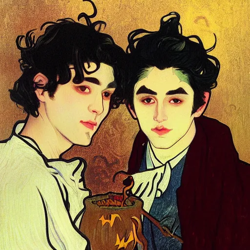 Image similar to painting of young cute handsome beautiful dark medium wavy hair man in his 2 0 s named shadow taehyung and cute handsome beautiful min - jun together at the halloween witchcraft party with bubbling cauldron, melancholy, autumn colors, elegant, painting, stylized, gorgeous eyes, soft facial features, delicate facial features, art by alphonse mucha, vincent van gogh, egon schiele