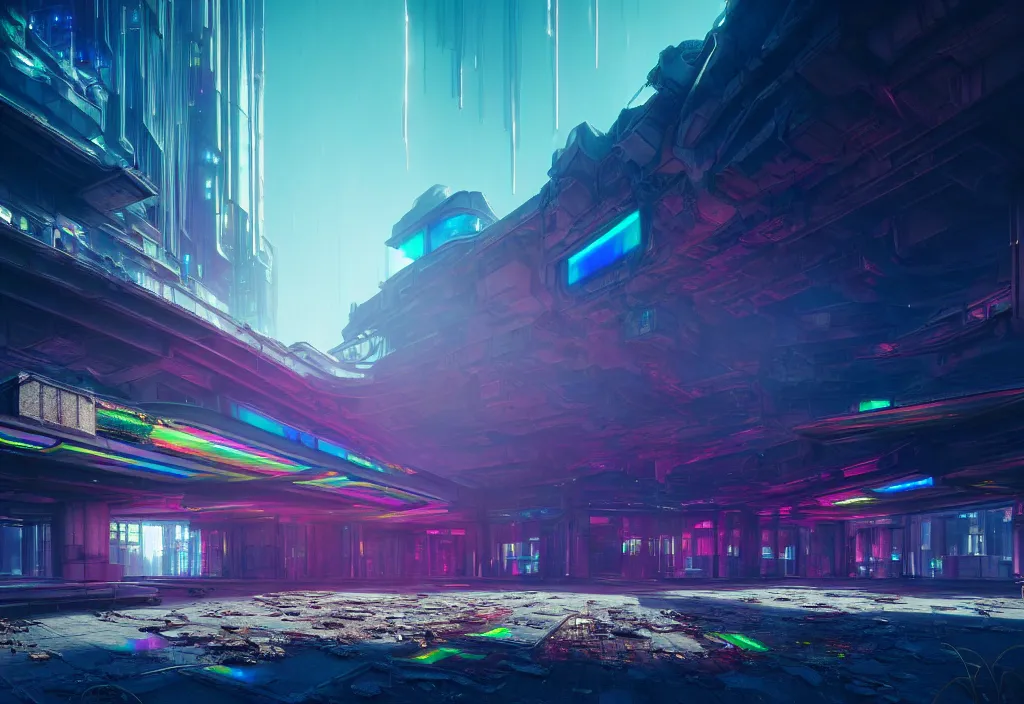 Image similar to A highly detailed crisp unreal engine render of A beautiful futuristic cyberpunk cybertech abandoned building with neon like plants, perfect well made rainbow on the sky, sunlight breaking through clouds, debris on the ground, abandoned machines by wangchen-cg, 王琛,Neil blevins, artstation