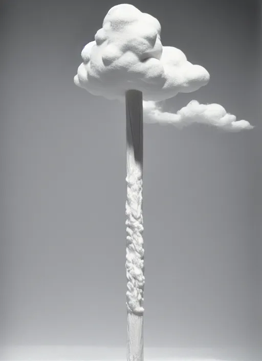 Image similar to realistic photo of a scientific model of white cloud made of white clay, mounted to a wooden stick, front view 1 9 9 0, life magazine reportage photo, metropolitan museum photo