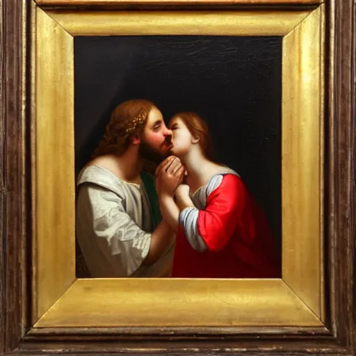 Image similar to 1 8 th oil panting of a jesus kissing with maria maddalena