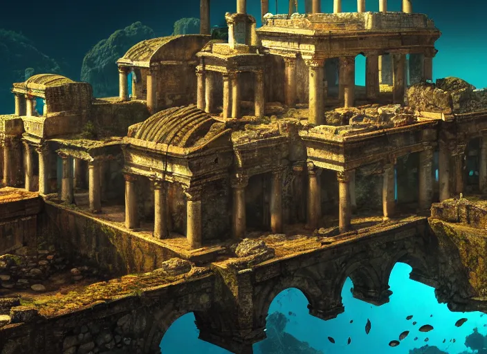 Image similar to ancient ruins favela, underwater environment, arches, urns, scenery, professional, award - winning, trending on artstation, hyper detailed, realistic, beautiful, emotional, shiny, golden, picture