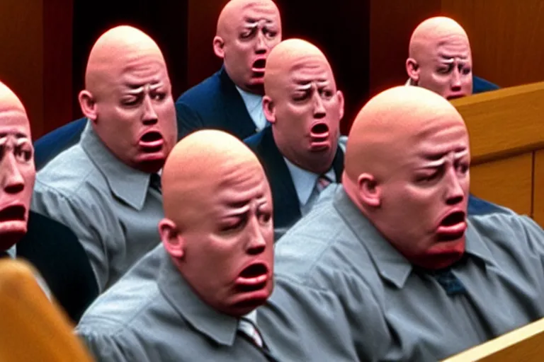 Image similar to crying coneheads testifying in court, detailed facial expressions