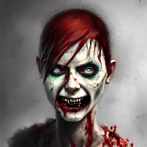 Prompt: color head portrait of katarina radivojevic grinning as a zombie, 7 days to die zombie, gritty background, fine art, award winning, intricate, elegant, sharp focus, cinematic lighting, digital painting, 8 k concept art, art by michael hussar, art by brom, art by guweiz and z. w. gu, 8 k