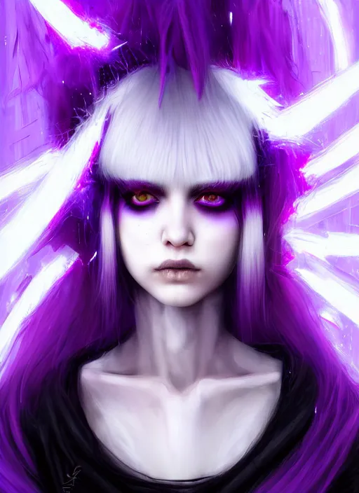 Image similar to hair whitebangs hair, black cyberlox, portrait of normal teenage girl, white bangs, messy bangs, fluffy bangs, cyberlox, whitebangs, red contact lenses, purple background, intricate, elegant, highly detailed, digital painting, artstation, concept art, sharp focus, smooth, illustration, art by wlop, mars ravelo and greg rutkowski