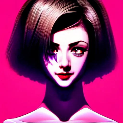 Image similar to tv actress with warm eyes, slim features, hallucinating happily. box office hit, satire and seventies italian horror movie, unreal engine, intricate, ultra detailed 8 k, ambient reflective occlusion, extremely beautiful and aesthetic shape of face and neck, art by hiroaki samura and ilya kuvshinov and rossdraws and andy warhol, inverted