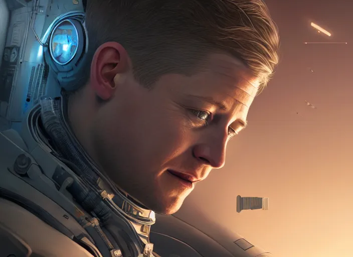 Image similar to highly detailed portrait of ben mckenzie in a space shuttle, in detroit : become human, stephen bliss, unreal engine, fantasy art by greg rutkowski, loish, rhads, ferdinand knab, makoto shinkai and lois van baarle, ilya kuvshinov, rossdraws, tom bagshaw, global illumination, radiant light, detailed and intricate environment