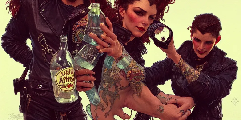 Image similar to a 1 9 8 0 s bikie holding a broken bottle, highly detailed, digital painting, artstation, concept art, matte, sharp focus, illustration, art by artgerm and greg rutkowski and alphonse mucha