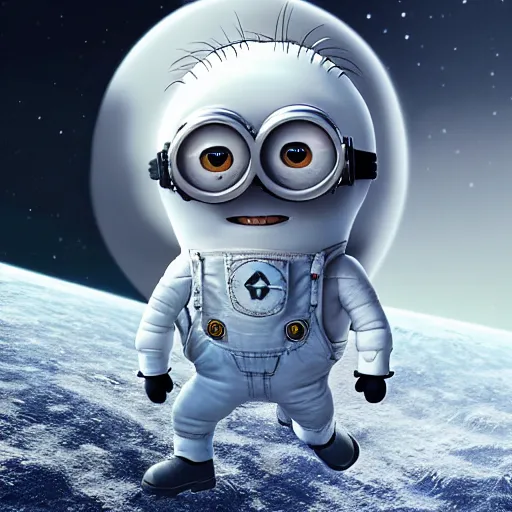 Image similar to an epic painting minion in white space suit, moon landing, pencil drawing, perfect composition, golden ratio, beautiful detailed, photorealistic, digital painting, concept art, smooth, sharp focus, illustration, artstation trending, octane render, unreal engine