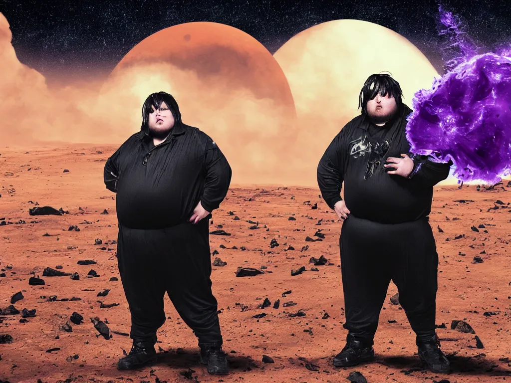 Image similar to portrait of an overweight person with emo haircut wearing gothy purple and black space spandex suits, standing next to smashed burning spacecraft wreckage, on the surface of mars, highly detailed, dramatic lighting, photorealistic, cinematic