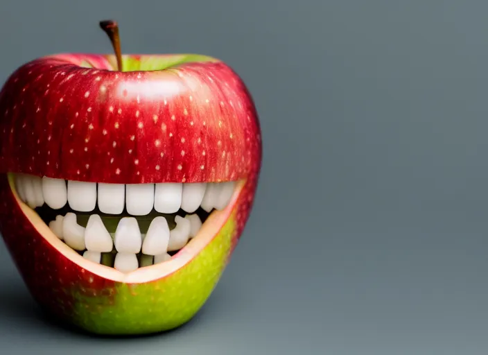 Image similar to photo still of an apple with human teeth, 8 k, studio lighting bright ambient lighting key light, 8 5 mm f 1. 8