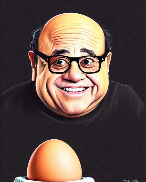 Image similar to painting portrait of danny devito as an egg, cartoon, warm lighting, danny devito has an egg body, movie poster, illustration by bartek fedyczak, erak note, tooth wu, neil richards, kan liu, siwoo kim, jisu choe, trending on art station