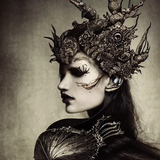 Prompt: a portrait of female model by stefan geselle and nekro borja, photorealistic, intricate details, hyper realistic, dark fantasy, ornate headpiece, dark beauty, photorealistic, canon r 3, photography, wide shot, glamour pose, surrealism