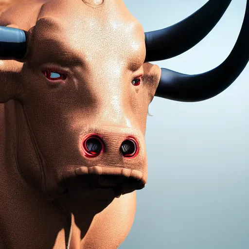 Image similar to a cyborg ( bull ) modeled after a bull looking into the camera, android, cyborg, full body shot, intricate, 3 d, hyper realism, fantasy, depth of field, octane render, symmetrical, highly detailed, digital art, artstation, concept art, cinematic lighting, trending