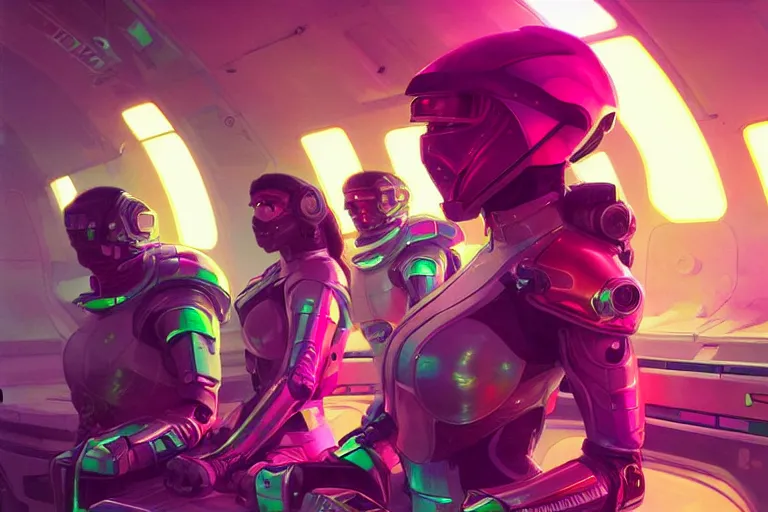 Prompt: Exhausted good looking young women wearing neon colored armour suits in a space station, elegant, intricate, retrofuturistic digital painting, artstation, concept art, smooth, sharp focus, illustration, art by artgerm and greg rutkowski and alphonse mucha