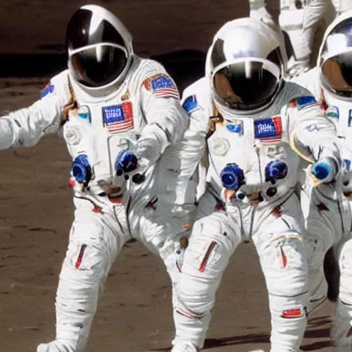 Image similar to 5 space astronauts in spacesuits of different colors, running in a relay race in a stadium, olympic games