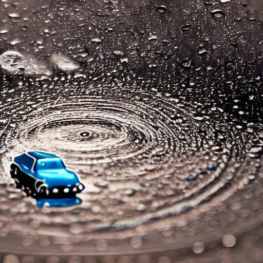 Image similar to macro photography of a hot wheels car driving through a puddle in the rain, 3 5 mm