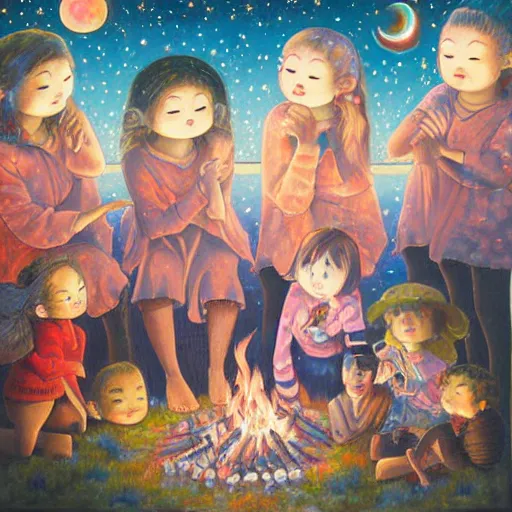 Image similar to A beautiful painting of a group of people gathered around a fire. They are all looking up at the night sky, where a bright star is shining beige by Hikari Shimoda eclectic