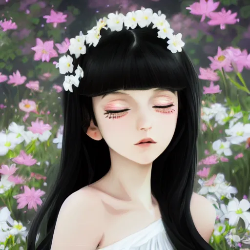 Image similar to little girl with her long black hair dressed in a simple white dress putting flowers on hair, anime art style, digital artwork made by ilya kuvshinov, inspired in balthus, hd, 4 k, hyper detailed