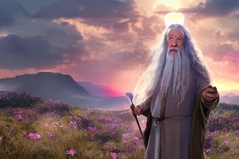 Image similar to portrait of Gandalf wearing a Hello kitty t-shirt, smiling warmly, sunrise, movie still from Lord of the Rings, cinematic