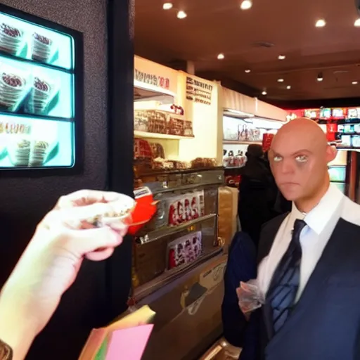 Prompt: photo of Agent 47 buying ice cream, realistic face, detailed face