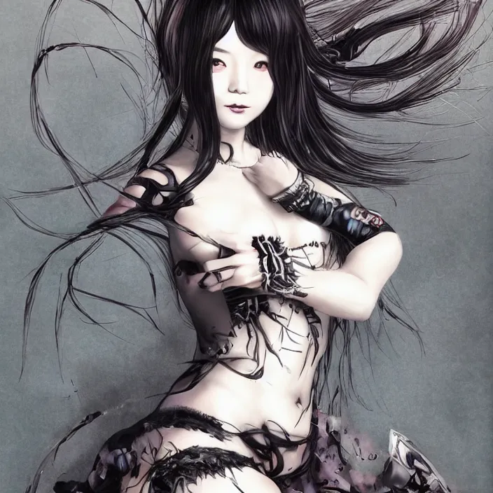 Image similar to cruel korean goth girl, cute, full body, spikes, latex, rubber, anime aesthetic, chibi, tribal, detailed, smooth, very smooth, brushwork, digital painting, sharp focus, concept art, fantasy, by junji ito, by louise zhang, by annie leibovitz