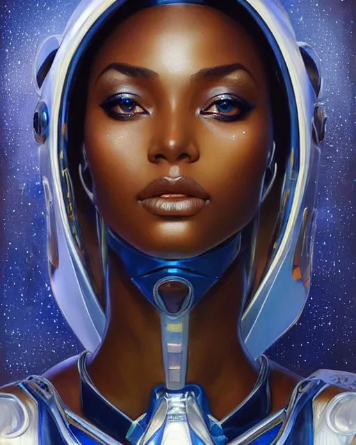 Image similar to Portrait of very very very very very very beautiful african woman, spacesuit, futuristic cybernetic helmet, blue eyes, real life skin, intricate, elegant, highly detailed, artstation, concept art, smooth, sharp focus, art by artgerm and greg rutkowski and alphonse mucha