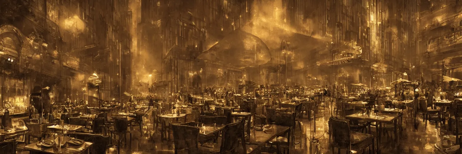 Prompt: Babylon Berlin. Night. Inside a crowded Art deco restaurant. Berlin, late golden 1920s. Gropius. Metropolis. Mist. Highly detailed. Hyper-realistic. Cheerful. Merry mood. Matte painting in the style of Craig Mullins