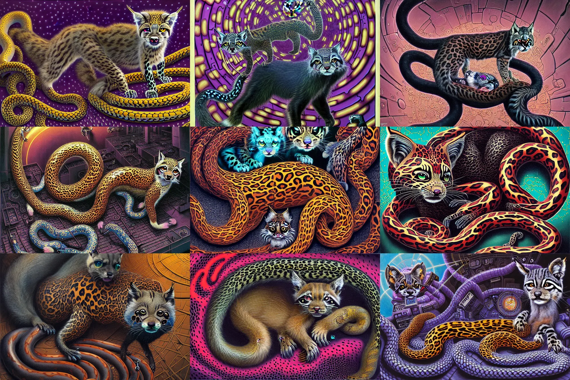 Prompt: a detailed painting of a cyberpunk magick polecat with occult effigy beautiful lynx fur that is a adorable leopard atomic latent snakes in between cybernetic ferret resurgence of a phonkadelic ferret in the style of escher, alex grey, stephen gammell inspired by realism, symbolism, magical realism and dark fantasy, crisp, vivid,