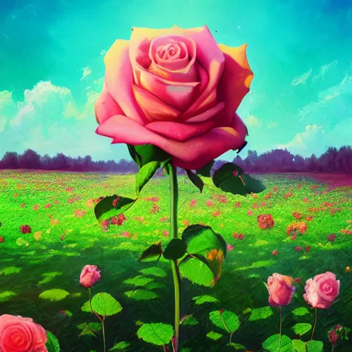 Prompt: large rose for face, girl frontal in a flower field, surreal photography, sunrise dramatic light, impressionist painting, colorful clouds, digital painting, artstation, simon stalenhag