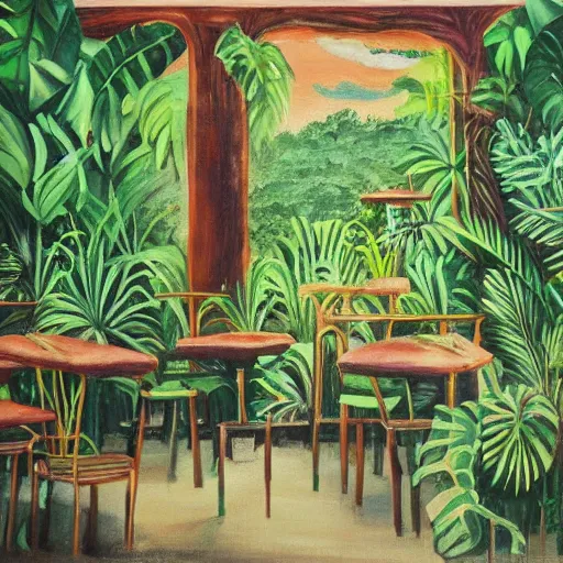 Prompt: a jungle in a cafe, painting